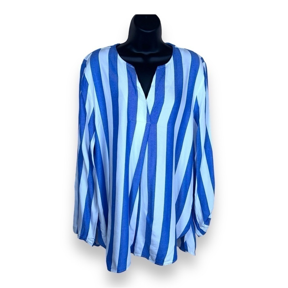 LARGE RUBY RD BLUE WHITE STRIPED BLOUSE COASTAL HENLEY NECKLINE